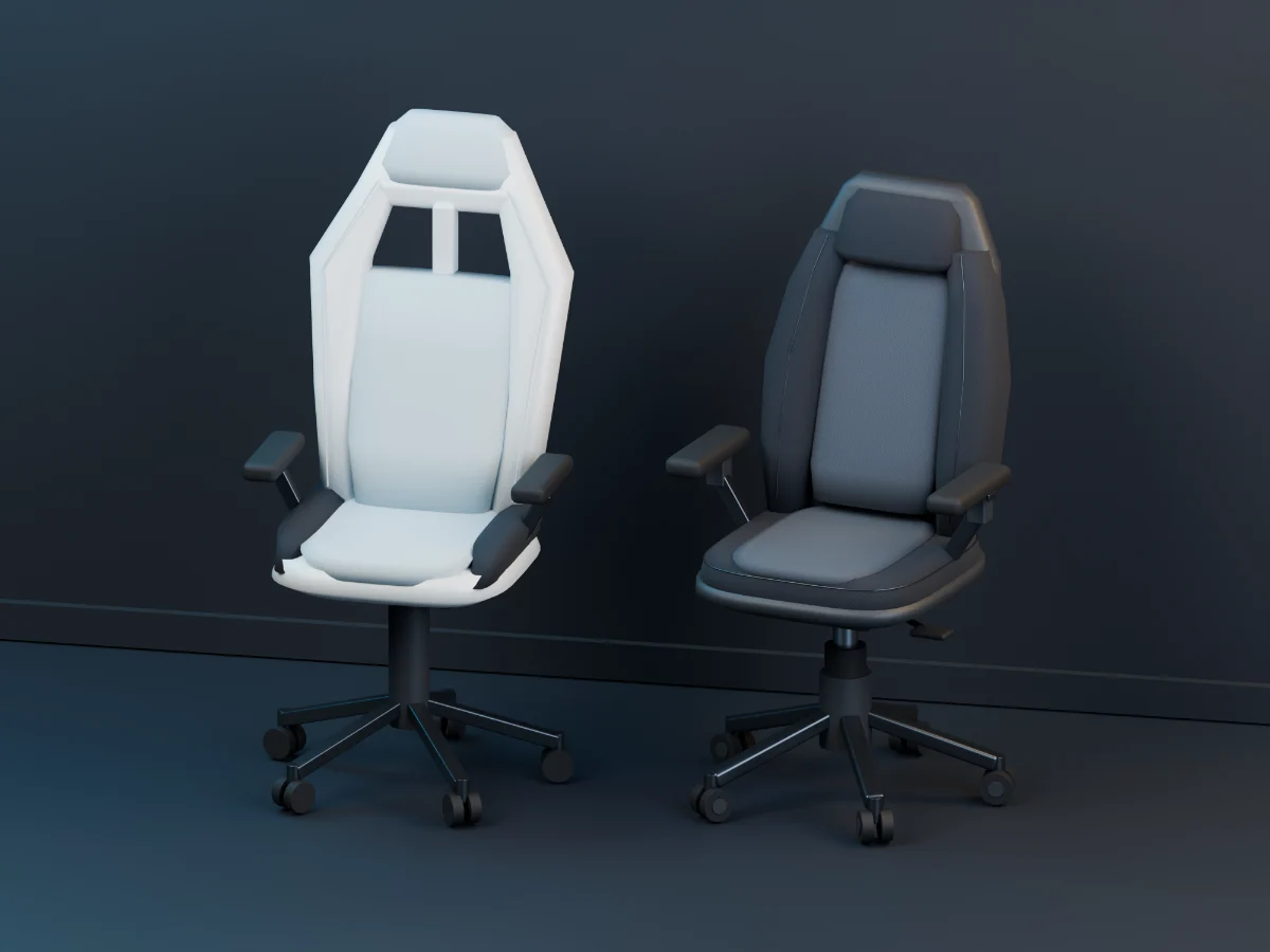 Ice racing chair beside the graphite contoured gaming chair