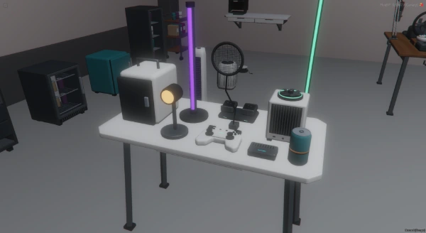 FiveM screenshot of the compact PC, controllers, headset, lights, drink containers and desk accessories