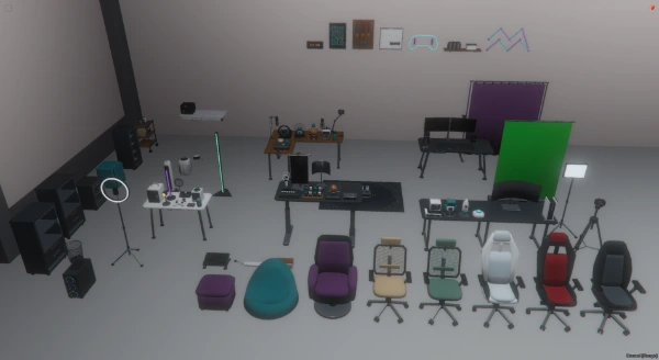 FiveM screenshot looking across the eight seating props toward desks, PCs, cameras, lights, backdrops and accessories