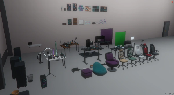FiveM screenshot of the furniture collection arranged together, with desks, seating, recording equipment, cabinets and wall decorations