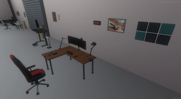 FiveM screenshot of the walnut corner desk, monitors, microphone, camera and crimson chair