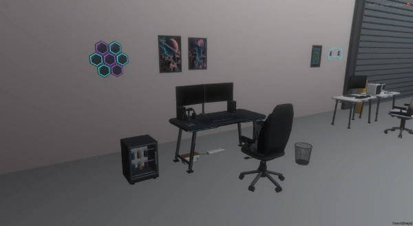 FiveM screenshot of the graphite gaming desk, dual monitors, chair, cabinet and hex wall lights