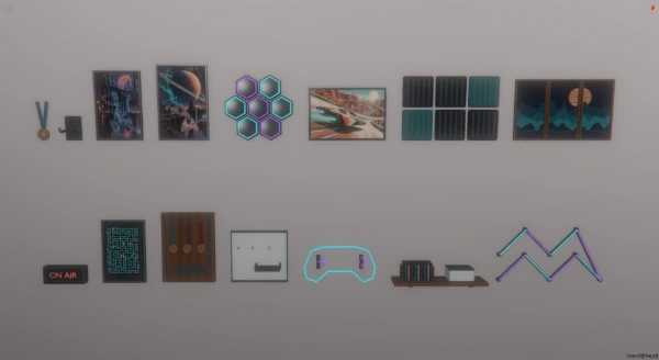 FiveM screenshot showing the included original wall artwork, hex lights, light bars and decorative signs