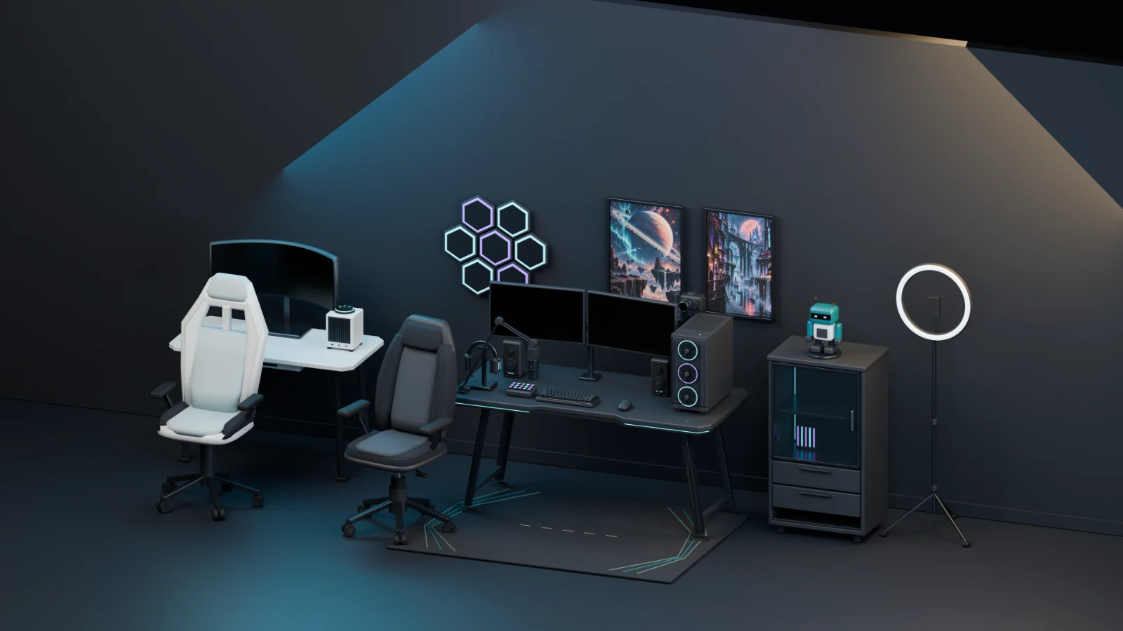 Included white and graphite gaming furniture arranged with monitors, PCs, streaming equipment, seating and wall decorations