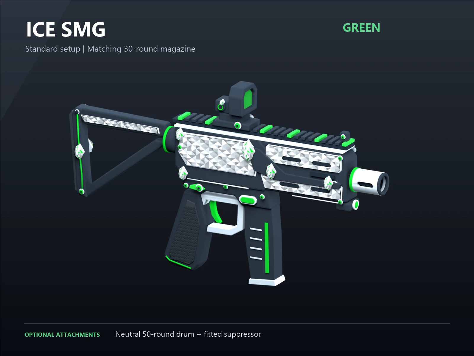 Green Ice SMG with iced out diamond-style panels and a matching 30-round magazine