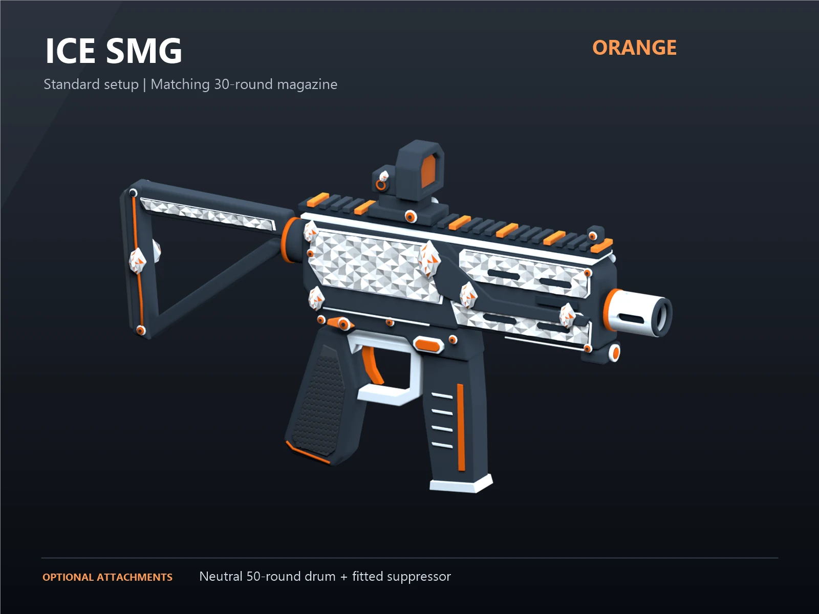 Orange Ice SMG with iced out diamond-style panels and a matching 30-round magazine