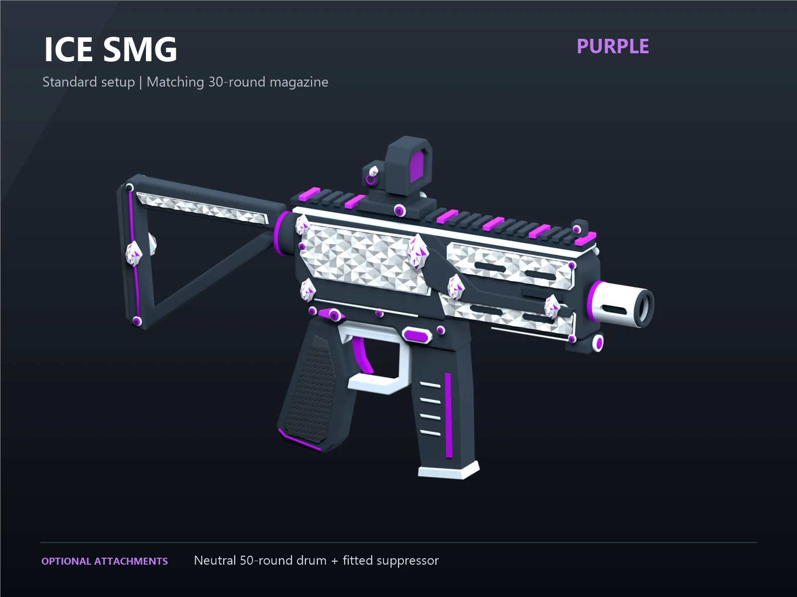 Purple Ice SMG with iced out diamond-style panels and a matching 30-round magazine