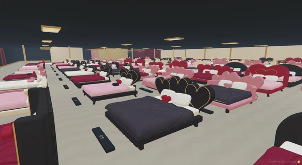 Black triple-heart and single-heart beds in the collection hall.