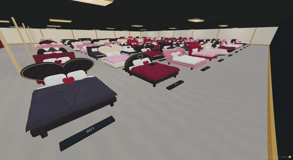A wide view of the 100-bed collection arranged in the showroom.