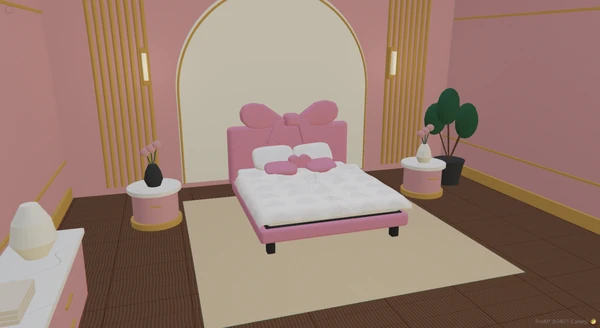 A pink bow headboard with white bedding in the furnished showroom.
