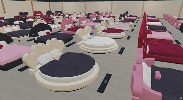 Circular beds and ivory heart headboards in the collection hall.