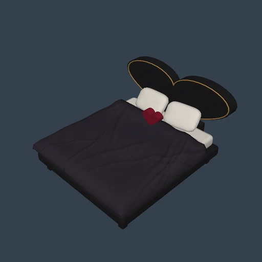 Black leather heart headboard, charcoal bedding, a brass outline and a ruby heart cushion.