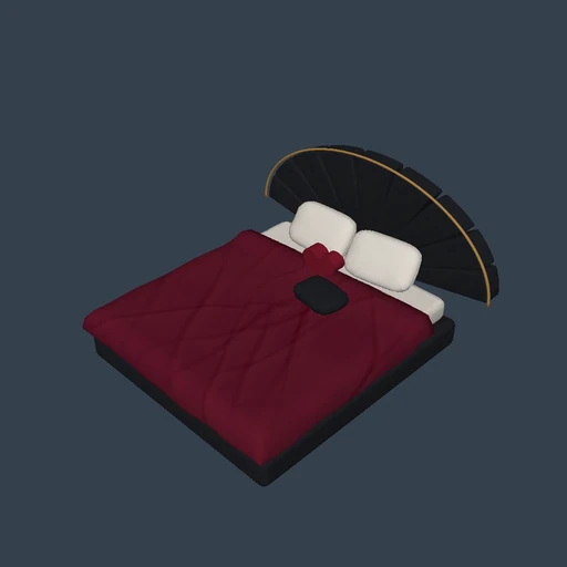 A black shell-fan headboard with nine padded sections and a low trimmed plinth.