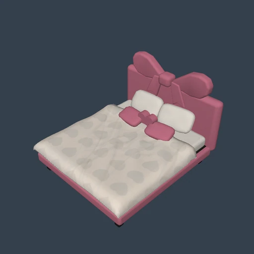 A blush rounded headboard topped by a sculpted fabric bow and trailing ribbons.