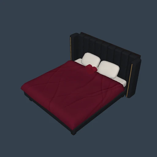 A tall black channel-tufted wingback bed with burgundy bedding and a heart cushion.