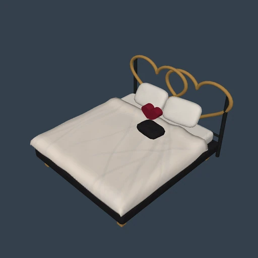 Two interlocking open brass hearts over a slender black metal bed frame.