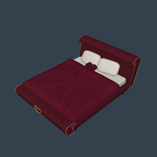 A curled burgundy leather headboard and low foot panel on dark timber supports.