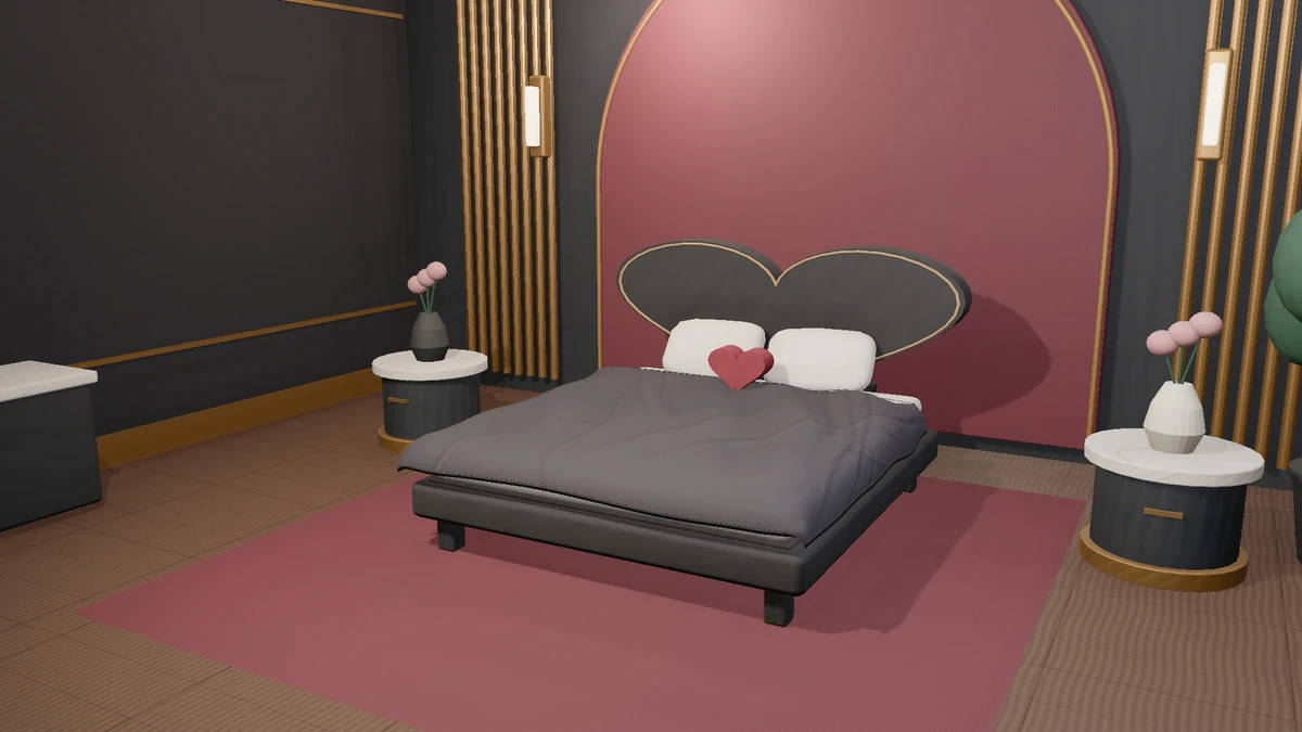 A black heart headboard and dark bedding, styled with burgundy walls and gold details.