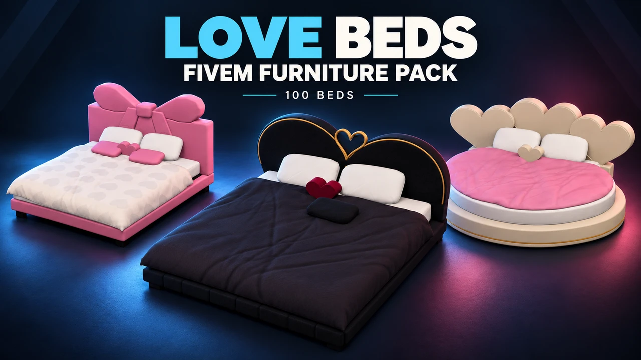Love Beds cover featuring a charcoal heart bed, blush bow bed and ivory round bed.