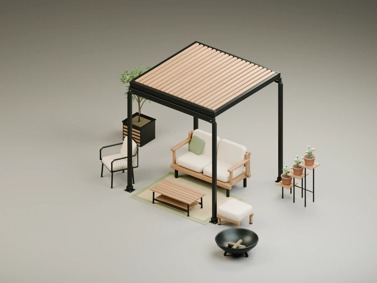Outdoor sofa, rope armchair, coffee table, rug, ottoman and planters beneath the modular pergola