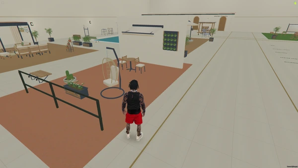 FiveM screenshot of the hanging egg chair, bistro table and chairs, awning, wall planter and railing planters
