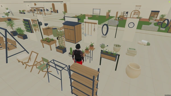 FiveM screenshot across the collection showing planters, seating, shelving, garden tools, storage and decorations