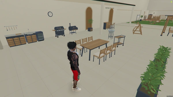 FiveM screenshot of the wooden dining table and six chairs with a serving trolley, kitchen cabinets and grills