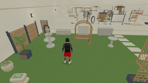 FiveM screenshot of the arbor bench, tiered fountain, birdbath, privacy screens and garden wall pieces