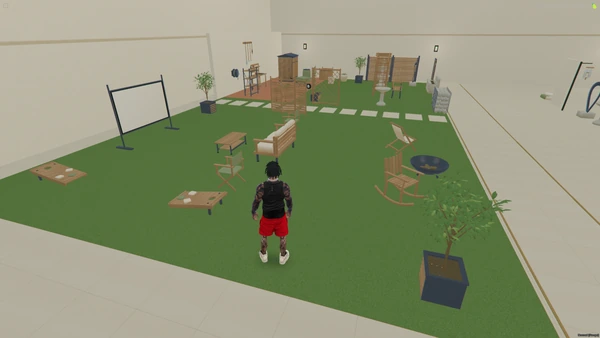 FiveM screenshot of garden seating, a projection screen, fire bowl, rocking chair and lawn games