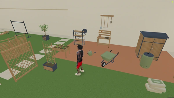 FiveM screenshot of the storage cabinet, potting bench, wheelbarrow, water butt, trellis and garden tools