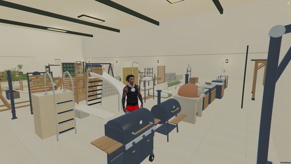 FiveM screenshot of the barbecue cart, smoker and pizza oven with pool and garden props behind them