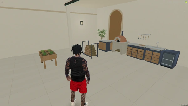 FiveM screenshot of the pizza oven, preparation cabinet, sink, drinks fridge and firewood rack