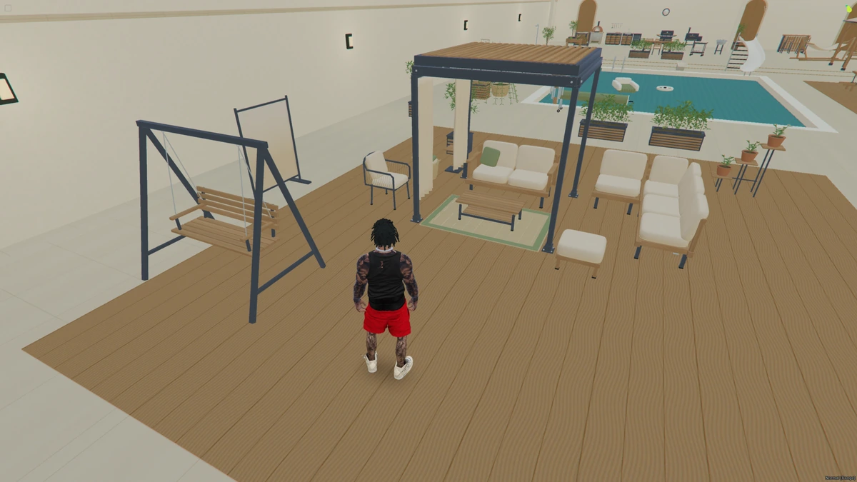 FiveM screenshot of the pergola, cushioned sofas, rope armchair, coffee table, ottoman and garden swing