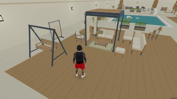 FiveM screenshot of the pergola, cushioned sofas, rope armchair, coffee table, ottoman and garden swing