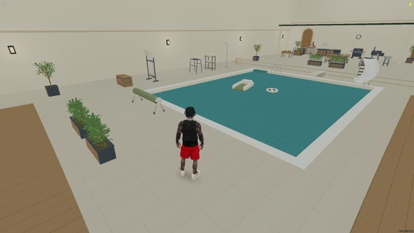 FiveM screenshot of pool floats, cover roller, shower, towel rack and planters in the furnished showroom