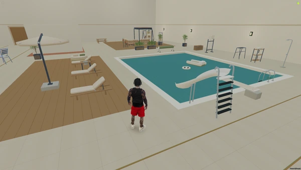 FiveM screenshot of sunloungers, an umbrella, pool slide, ladder and floating accessories around the showroom pool