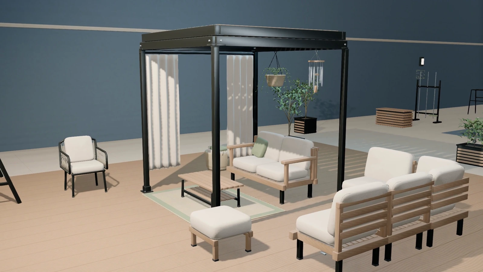 Model-rendered patio lounge with a sofa, sectional seating, rope armchair, coffee table, ottoman and pergola