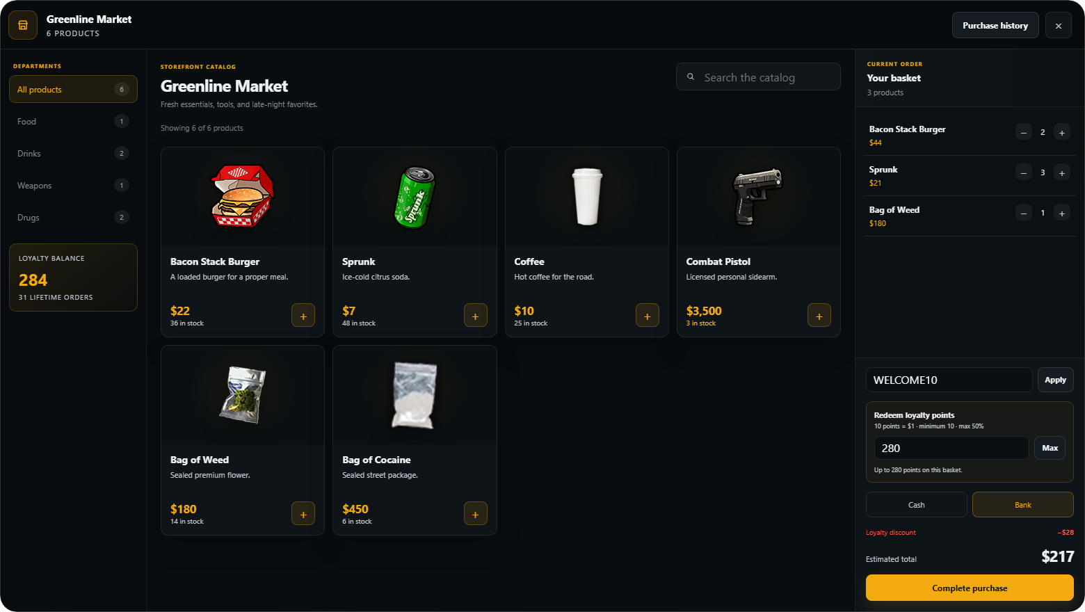 Brick Shops player storefront with its catalog and checkout